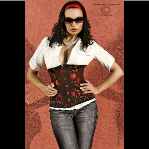 Corset serre-taille satiné rouge avec broderies florales noir Nr One Chilirose