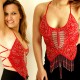 Top hyper sexy rouge à broderies de perles, décolleté plongeant et dos nu à lacets