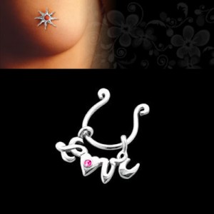 Faux piercing de téton "Love" strass rose