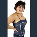 Top débardeur sexy forme corset bleu, strass et fines rayures blanches