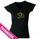 Tshirt noir profond col V motif Ohm brod&eacute; en fil couleur or