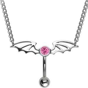 Piercing de nombril avec strass rose et chaine de taille motif ailes de démon