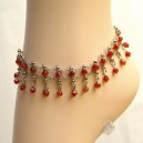 Chaine de cheville double rang&eacute;es, perles toupies en verre rouge carmin