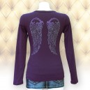 Top manche longues prune grandes ailes ange en strass dans le dos